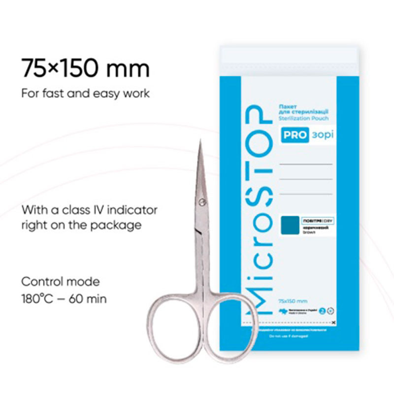 MicroStop – läpinäkyvät sterilointipussit, luokan 4 indikaattorilla, 75×150 mm, 100 kpl