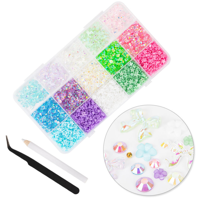 3D Nail Decoration Set “Shapes & Rhinestones”, Multicolor – BKHZ-008 (with Tweezers and Pencil)