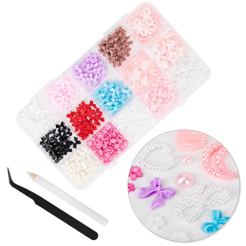 3D Nail Decoration Set “Bows & Pearls”, Multicolor – BKHZ-002 (with Tweezers and Pencil)