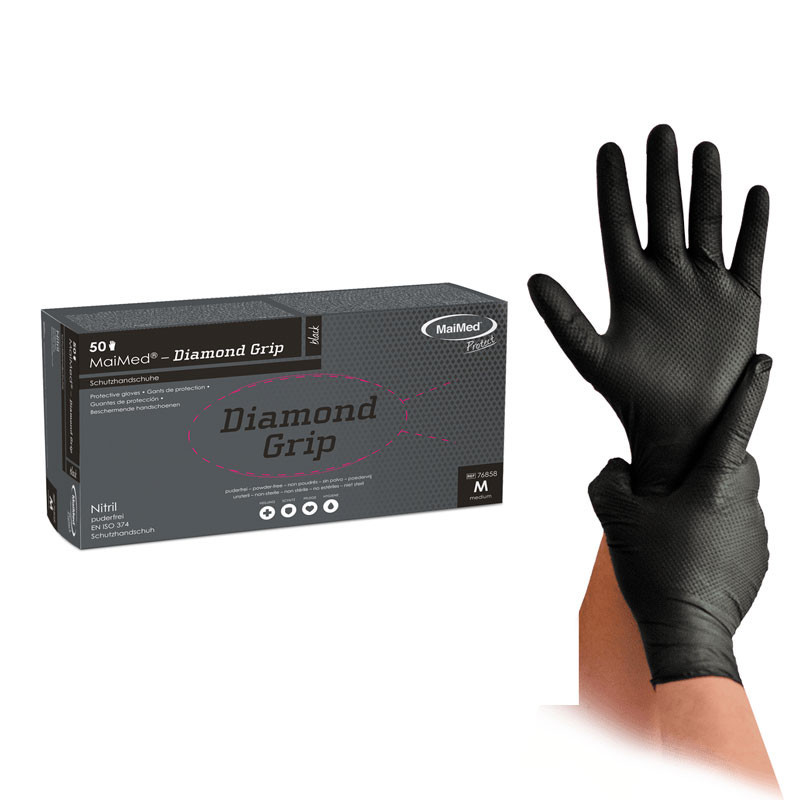 Nitrile Gloves – MaiMed Diamond Grip – Black – Size M, 50 pcs