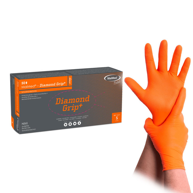 Нитриловые перчатки – MaiMed Diamond Grip+ – оранжевые – размер S, 50 шт