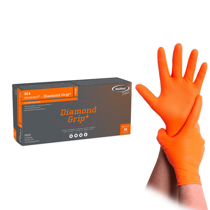 Nitriilikäsineet – MaiMed Diamond Grip+ – oranssit – koko M, 50 kpl